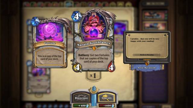 Gros plan d'une nouvelle carte dans Hearthstone, Narain Soothfancy