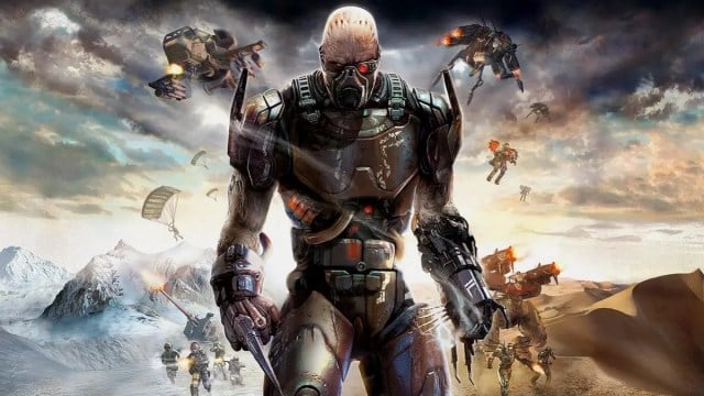 Enemy Territory Quake Wars : une créature mi-chair, mi-cyborg se tient au milieu, tandis que des vaisseaux spatiaux et des marines se mobilisent derrière eux.