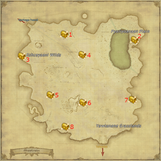 Emplacements potentiels des coffres au trésor de Loboskin à Shaaloani, Final Fantasy XIV