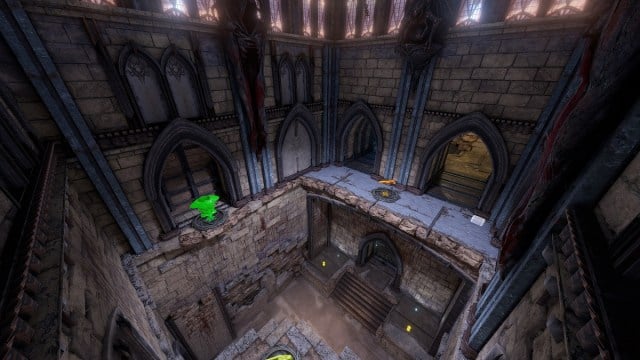 Quake Champions : une salle gothique et carrée qui ressemble à une église sombre.