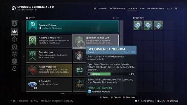 Destiny 2 spécimen id nes004 étape 1