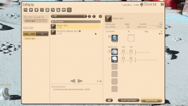 Recette de Gel de Lune dans Final Fantasy XIV