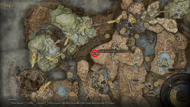 Comment obtenir la clé de la salle de prière dans Elden Ring Shadow of the Erdtree - carte indiquant l'emplacement de l'église