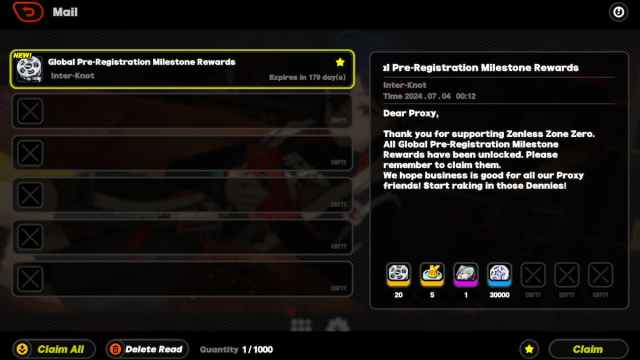 Récompenses de préinscription à Zenless Zone Zero dans la boîte aux lettres
