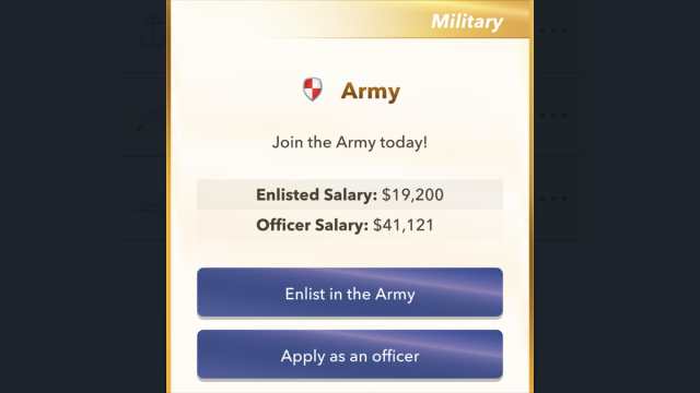 L'armée de BitLife dans le menu militaire