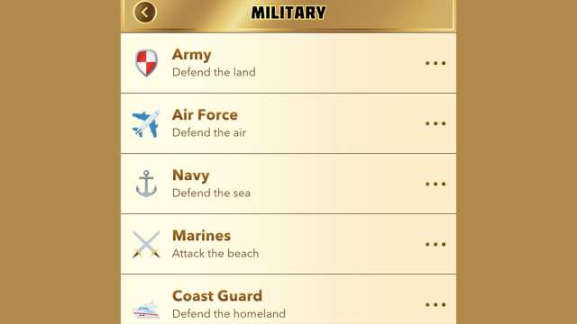 Menu militaire BitLife