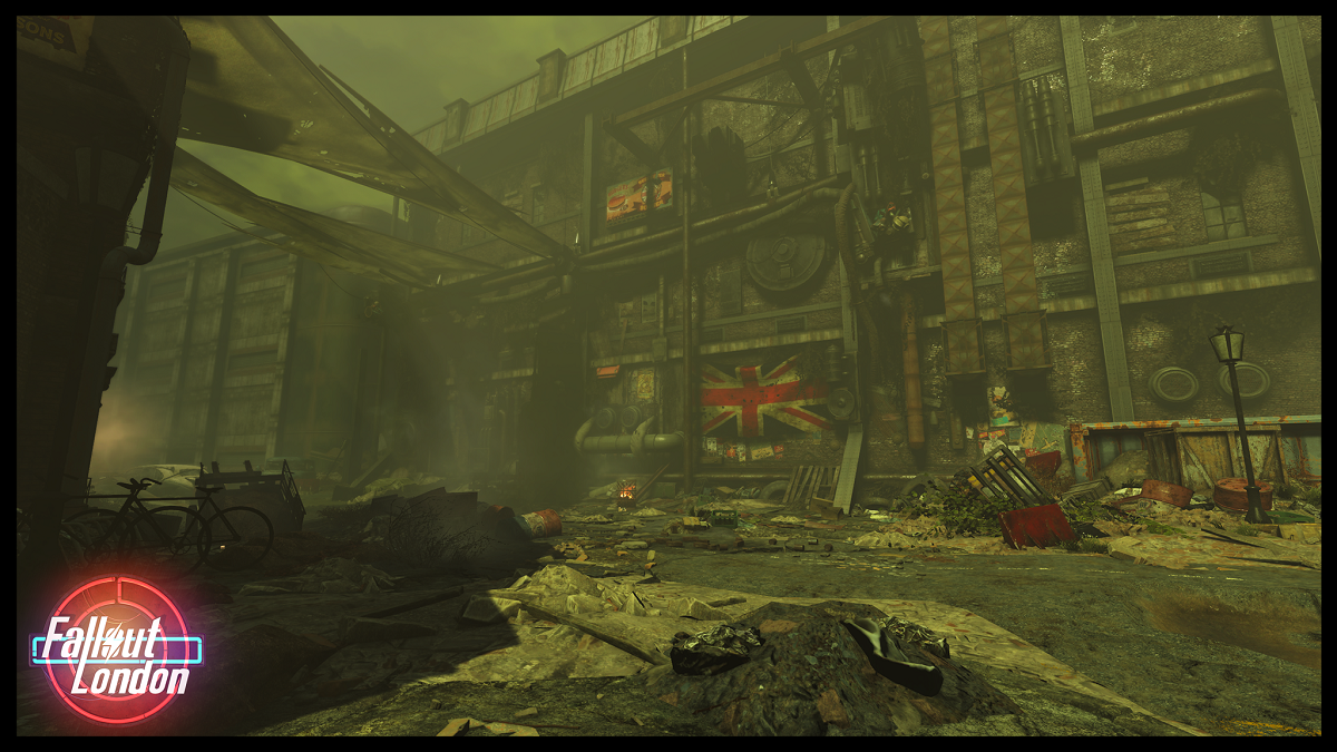 Fallout London: a dilapidated street in Islington, showing an old building with a Union Jack flag on the front.