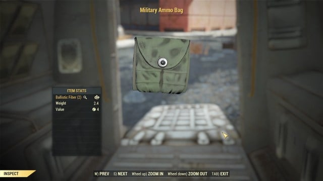 Écran d'inspection du sac de munitions militaires de Fallout 76