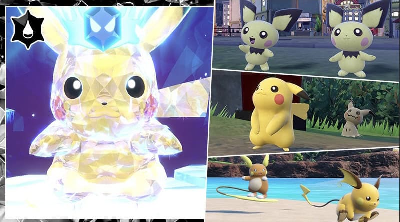 Image promotionnelle de Pokémon Scarlet & Violet. Un Pikachu Terastallisé se tient joyeusement à gauche. À droite, par ordre décroissant : deux Pichus, un Pikachu et un Mimiqui, et un Raichu d'Alola et un Raichu.