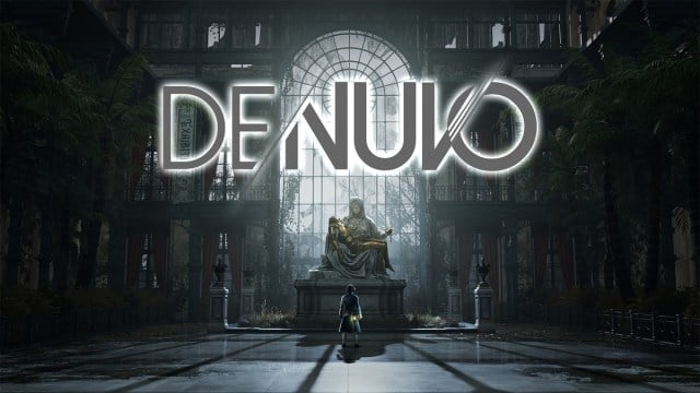 Les mensonges de P : le protagoniste Pinocchio debout devant une grande statue avec le logo Denuvo en haut de l'image.