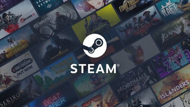 Logo Steam avec des rangées de jeux derrière lui, notamment Cyberpunk 2077, Counter-Strike et Stardew Valley.