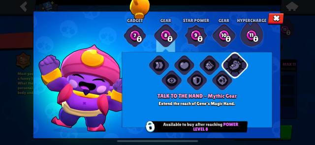 Une capture d'écran de l'équipement mythique de Gene, « Parler à la main » dans Brawl Stars.