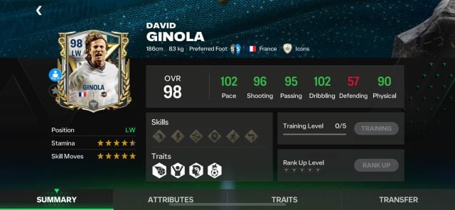 Une capture d'écran des statistiques de David Ginola dans FC Mobile.