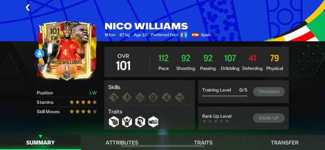 Une capture d'écran des statistiques de Nico Williams dans FC Mobile.