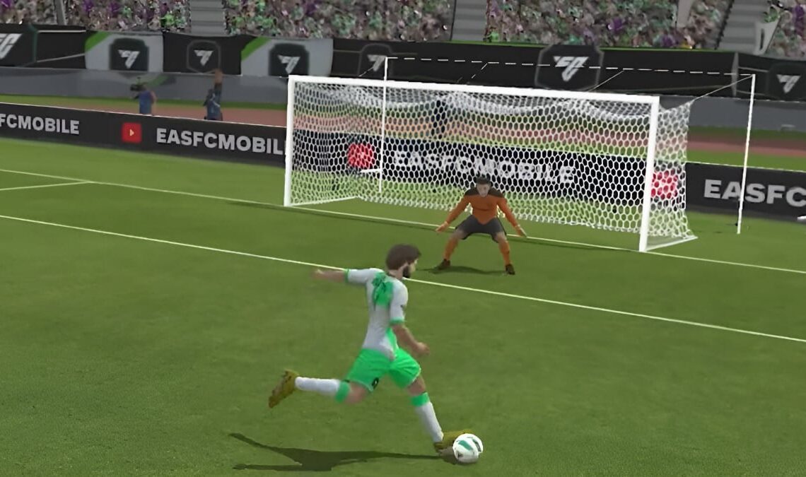 An image of a forward player shooting while the goalie defends in FC Mobile.