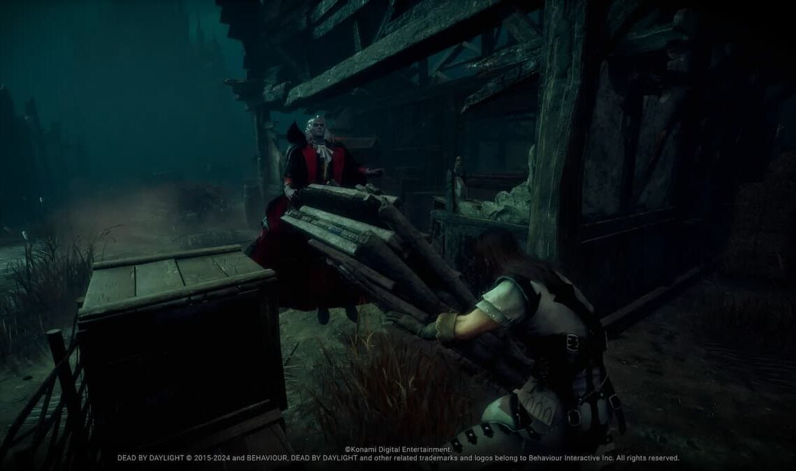 Trevor Belmont dropping a pallet on the Dark Lord in Dead by Daylight.