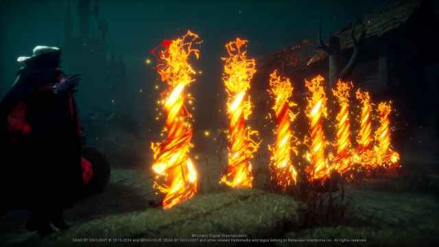 Dracula utilise son sort Hellfire pour créer plusieurs piliers de flammes dans Dead by Daylight.