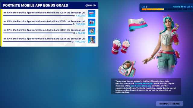 Quêtes et récompenses de l'application mobile Fortnite