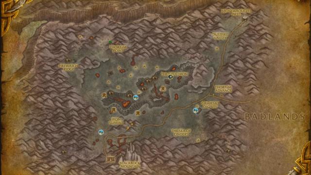 Une carte de Searing Gorge qui montre les emplacements des Radiant Echoes