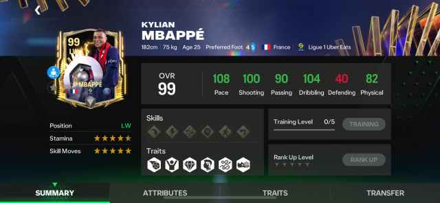 Une capture d'écran des statistiques de Kylian Mbappé dans FC Mobile.