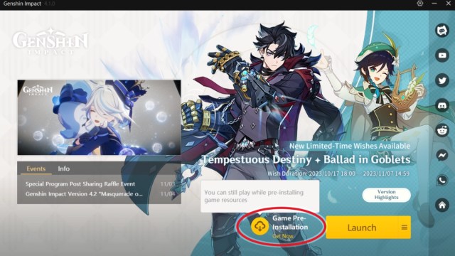 Le lanceur Genshin Impact, indiquant si les serveurs sont en panne pour maintenance et quand vous pouvez préinstaller le nouveau patch