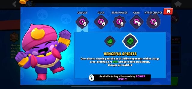 Une capture d'écran du gadget de Gene, « Vengeful Spirits » dans Brawl Stars.