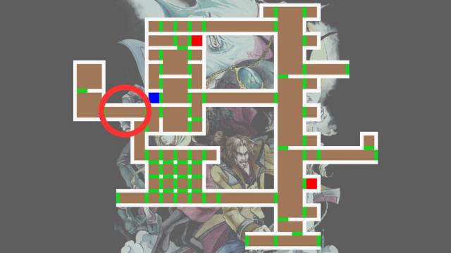 Une carte de la maison d'hôtes Demon avec un cercle rouge indiquant l'emplacement de la salle de piano