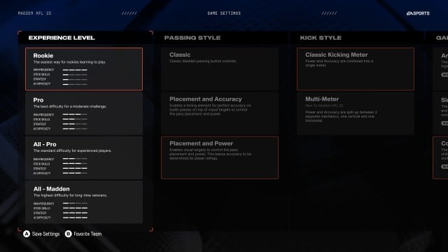 Une image des paramètres de difficulté dans Madden NFL 25