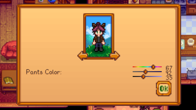 Les curseurs HSL apparaissent lorsque vous avez utilisé une couleur de chaque couleur dans les pots de teinture de la maison d'Emily et Haley à Stardew Valley