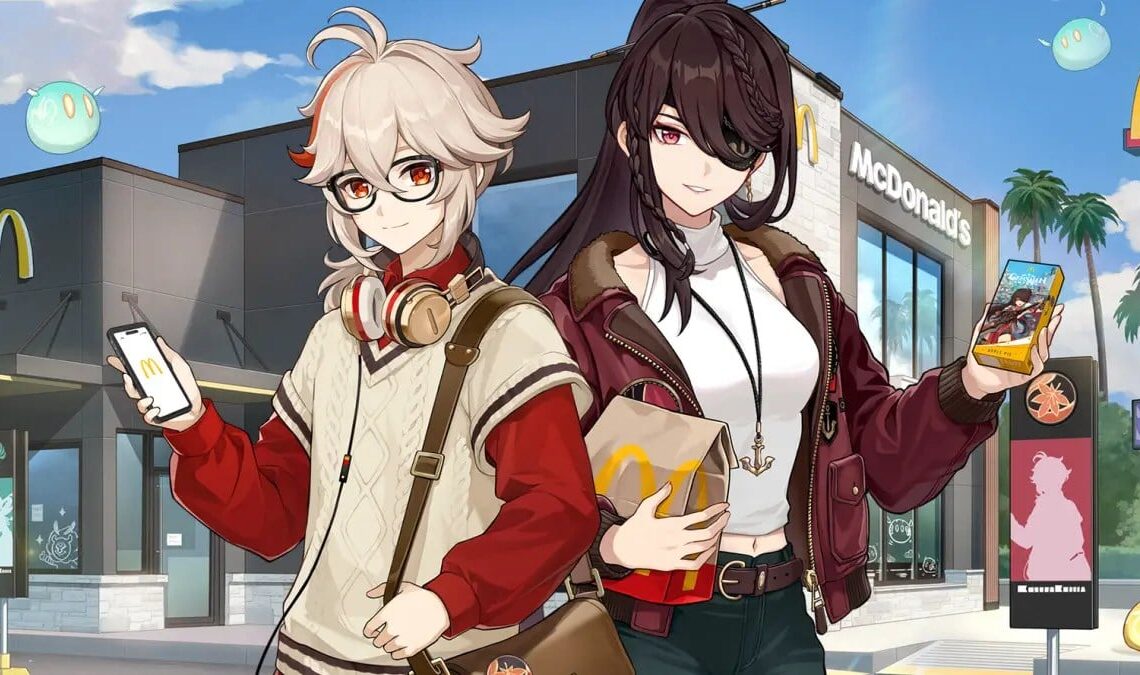 Kazuha and Beidou in front of McDonald's