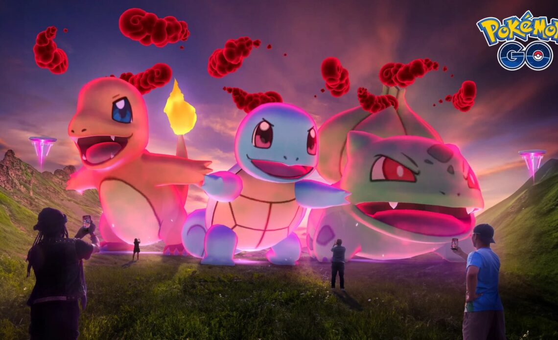 An image of the Dynamax Charmander, Squirtle, and Bulbasaur in Pokemon GO.