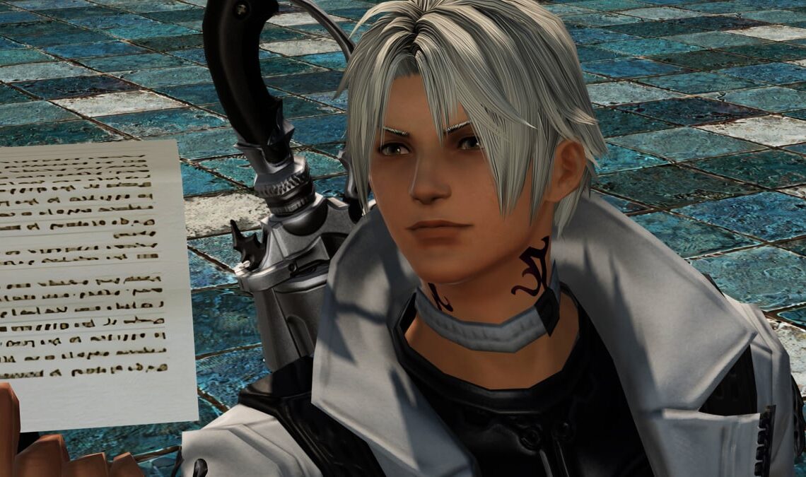 Thancred, as he appears in one of the Endwalker era FFXIV patches holding a note