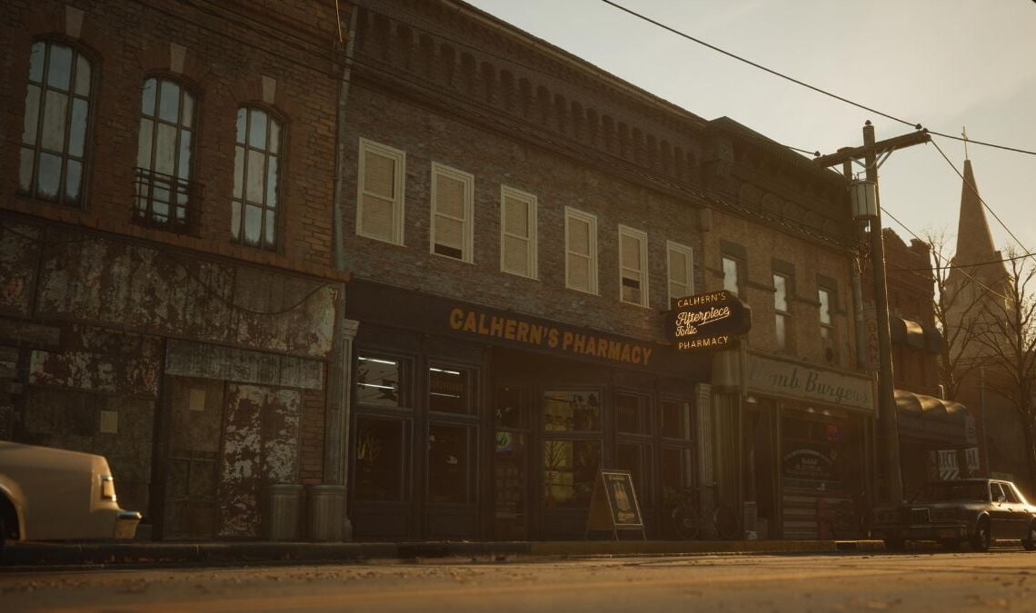 Calhern's Pharmacy at sunset in The Casting of Frank Stone.