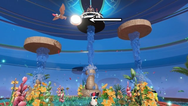 Astro Bot dans une pièce avec des fleurs et des fontaines à eau. Une flèche pointe vers l'emplacement d'un robot.