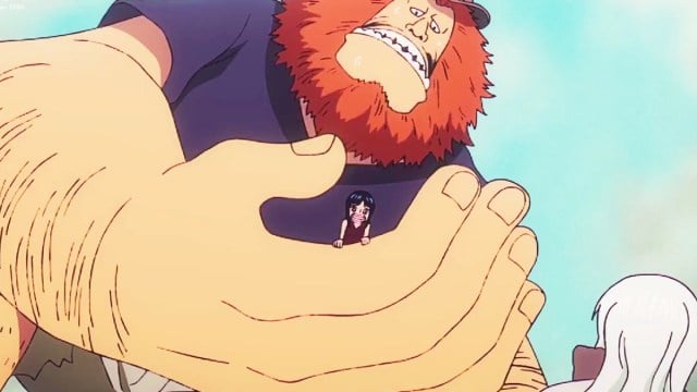 Jaguar D. Saul tenant le jeune Nico Robin dans One Piece