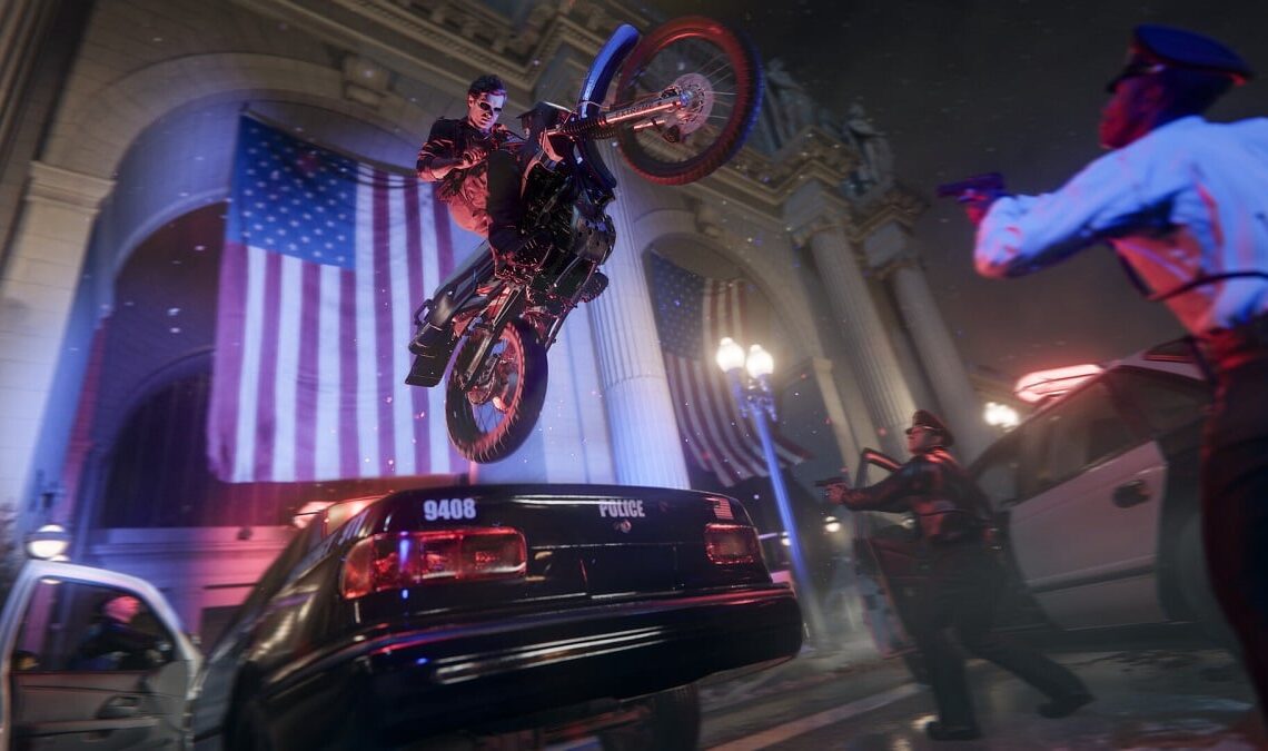 Call of Duty Black Ops 6: a motorcyclist jumps over a police car as police officers aim look on in surprise.