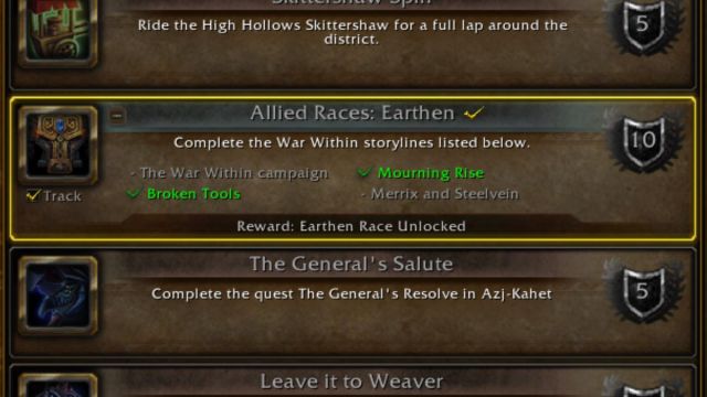 L'interface de réussite de World of Warcraft montrant les exigences pour débloquer Earthen