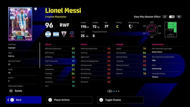 La meilleure construction pour la carte Messi en surbrillance gratuite dans eFootball 2025.