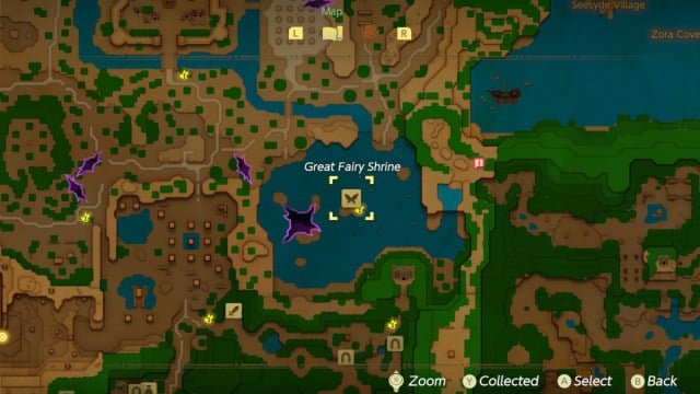 Le Grand Sanctuaire des Fées est situé au milieu du lac Hylia dans Zelda : Echoes of Wisdom