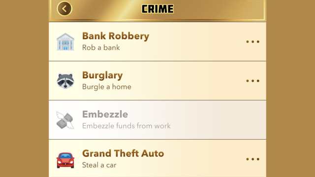 Menu des crimes de BitLife