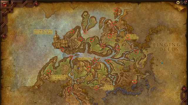 Une carte de Hallowfall montrant tous les emplacements d'apparition possibles du Spawn de Beledar