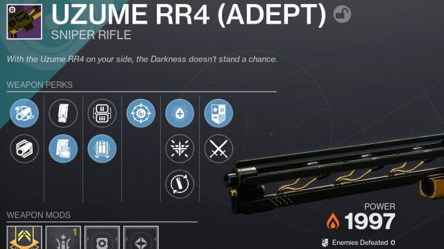 Exemple de build pour Uzume RR4 dans Destiny 2