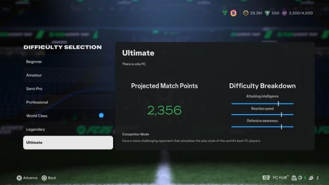 Une image des modes de difficulté dans EA FC 25