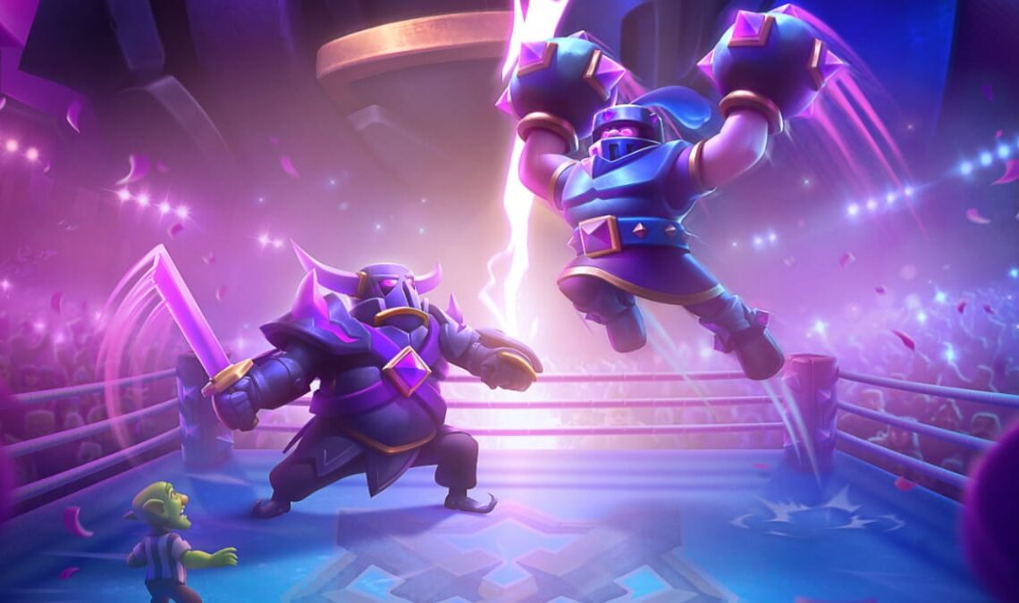 An image of Mega Knight and P.E.K.K.A. in a ring fight in Clash Royale.