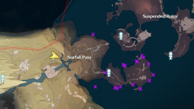 Une carte des terres désertiques de Norfall dans Wuthering Waves