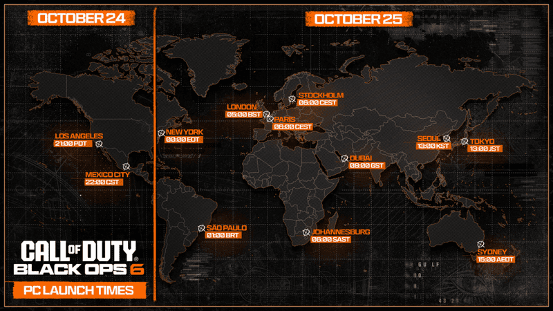 Carte PC des heures de lancement mondiales de Black Ops 6.